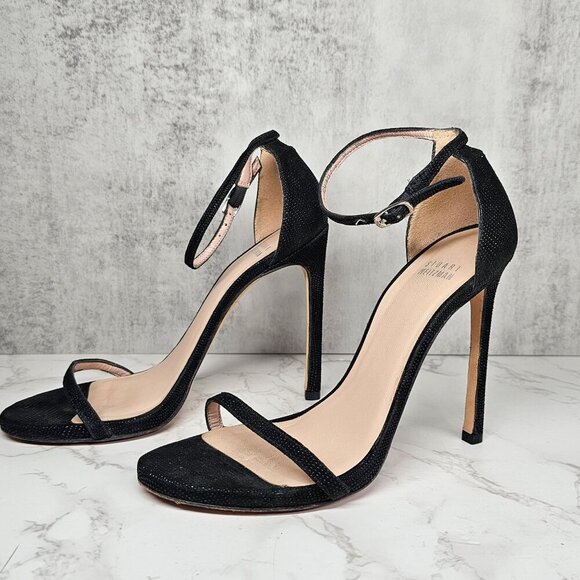 Stuart Weitzman Goose Bumb Black Strappy Sandals Ankle Strap Stiletto Heel 8 - Picture 1 of 12